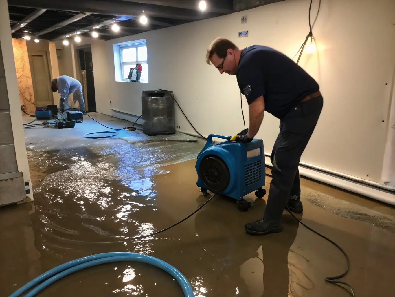 A photograph showing Restore Wyoming technicians setting up industrial-grade dehumidifiers and air movers in a water-damaged room to facilitate thorough drying.