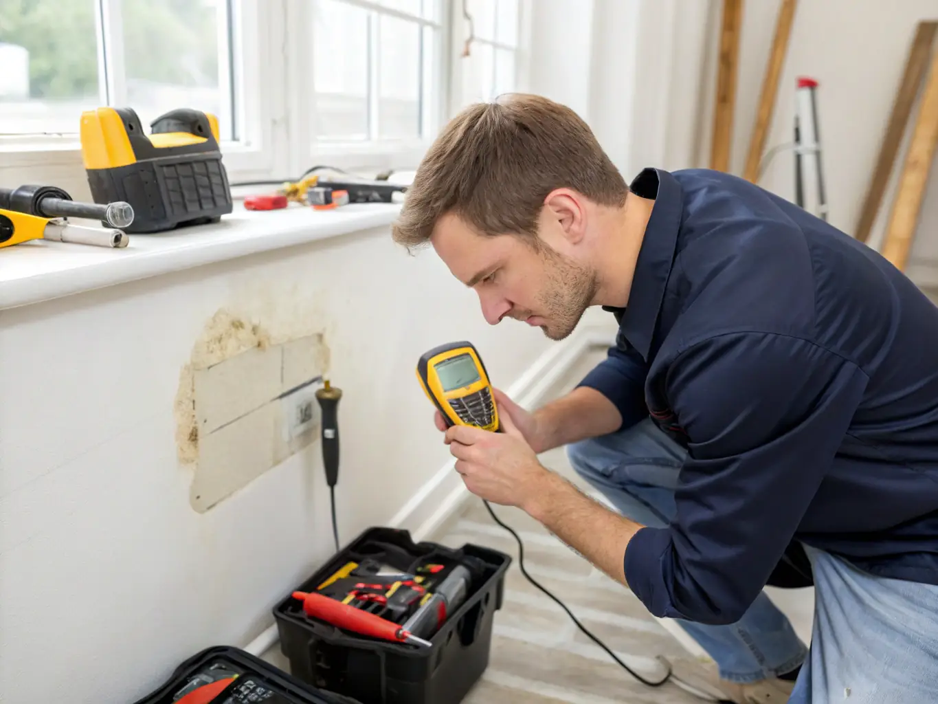 A photograph depicting a Restore Wyoming team member using advanced moisture detection equipment in a flooded basement, showcasing the initial assessment phase of water damage restoration.