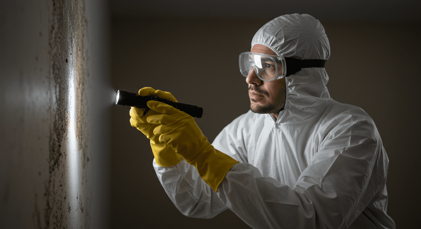 A technician in protective gear inspecting a wall for mold growth with a flashlight, highlighting the importance of thorough inspections.